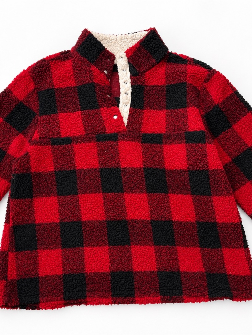 ANDREE BY UNIT Red and Black Buffalo Plaid Sherpa Pullover